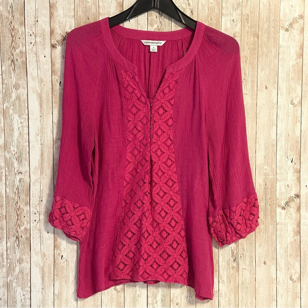 Counterparts Pink V-Neck Embroidered Lace 3/4 Sleeve Blouse Top Size Medium